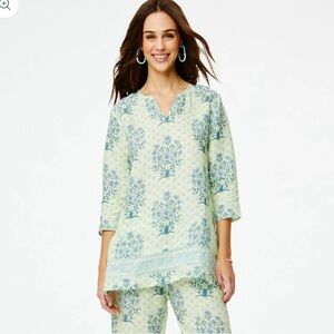 NWT Roller Rabbit Yarrow Kurta, Green Floral Linen Tunic Top, XS | Boho Resort